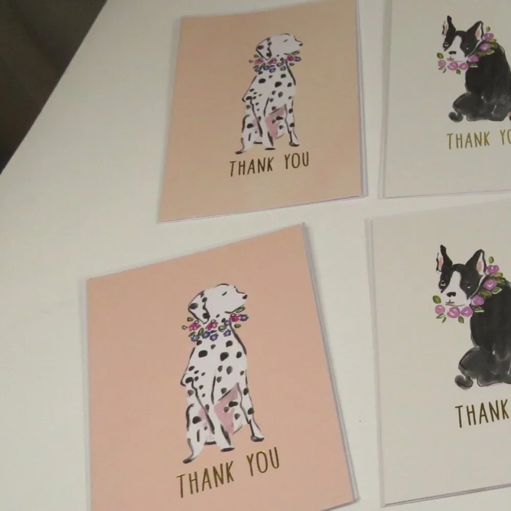 Pastel Dog (8) Note Cards THANK YOU Gold Blank inside Puppy